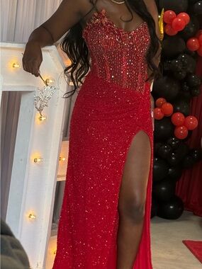 Glamorous Red Sequin Prom Dress with Beaded Corset